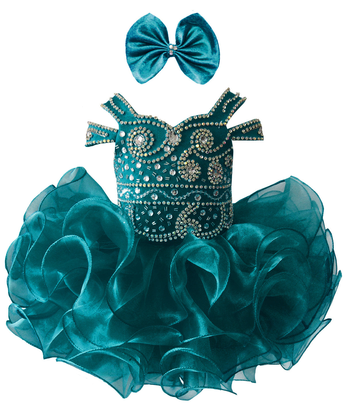 Girwem girls Teal asymmetrical beaded organza cupcake dress ¨C front view