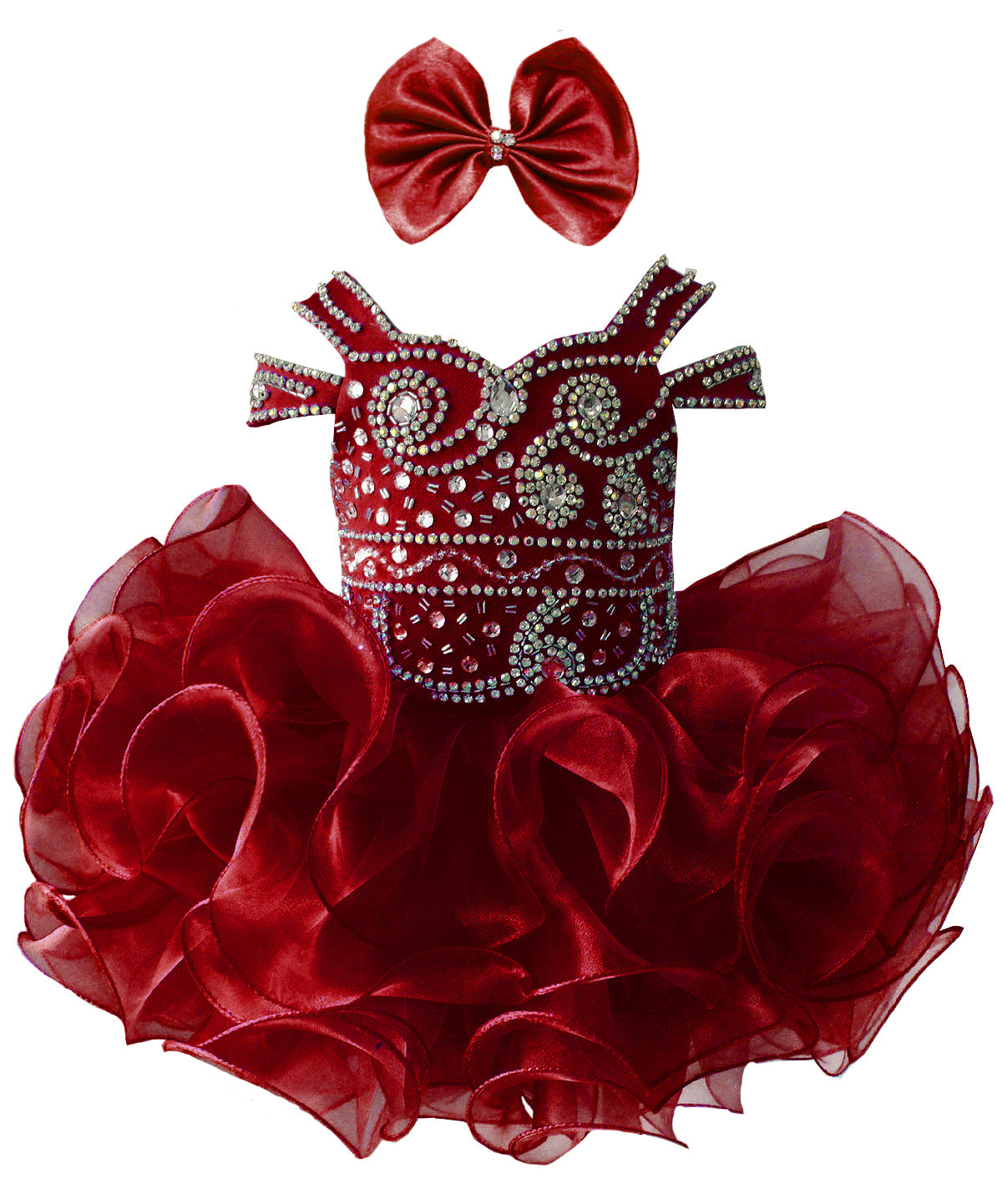 Girwem girls Burgundy asymmetrical beaded organza cupcake dress ¨C front view