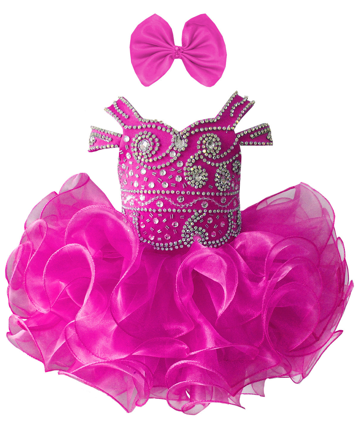 Girwem girls Fuchsia asymmetrical beaded organza cupcake dress ¨C front view