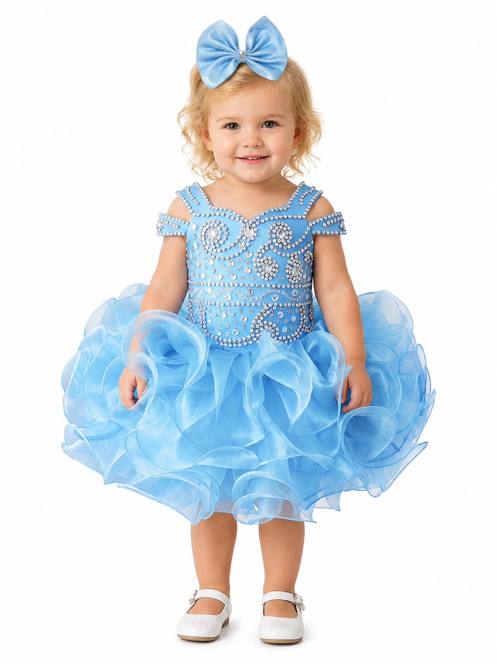 Girwem girls Baby Blue asymmetrical beaded organza cupcake dress ¨C lifestyle view 2