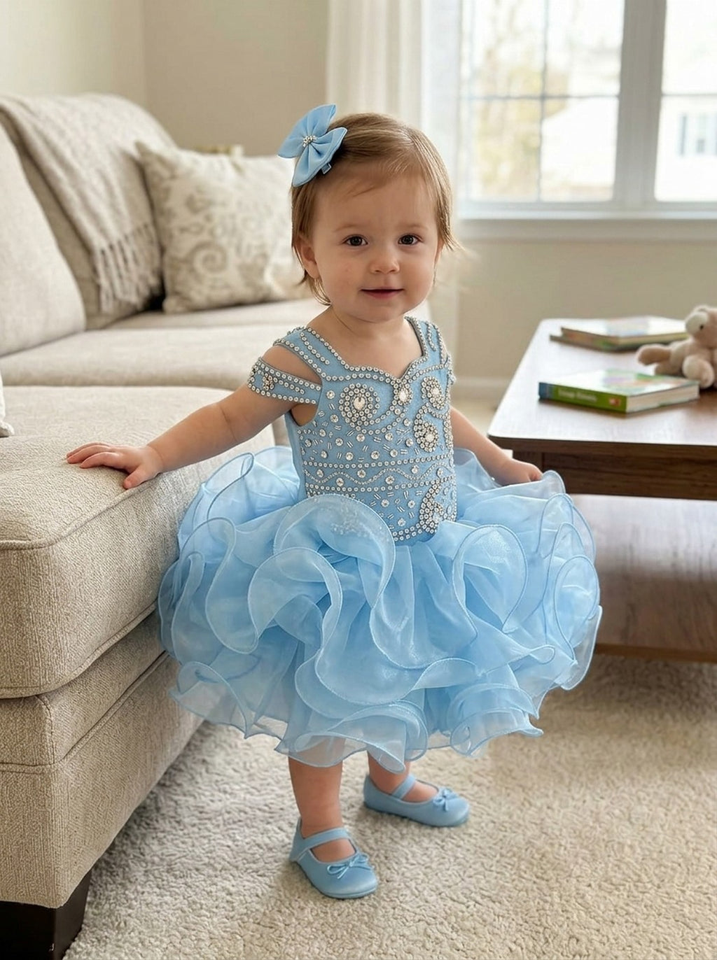 Girwem girls Baby Blue asymmetrical beaded organza cupcake dress ¨C lifestyle view 11