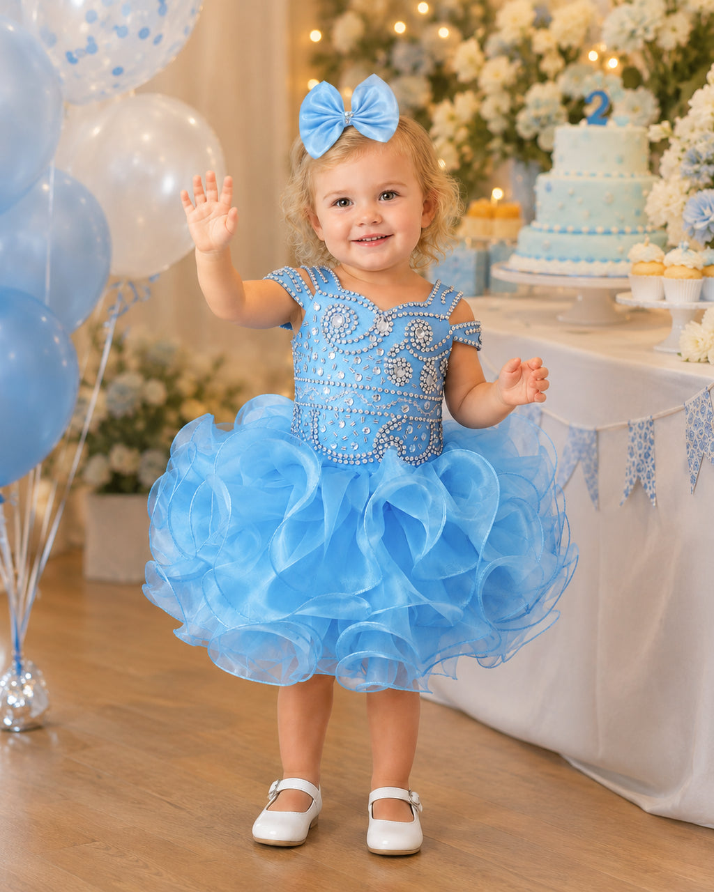 Girwem girls Baby Blue asymmetrical beaded organza cupcake dress ¨C lifestyle view 4