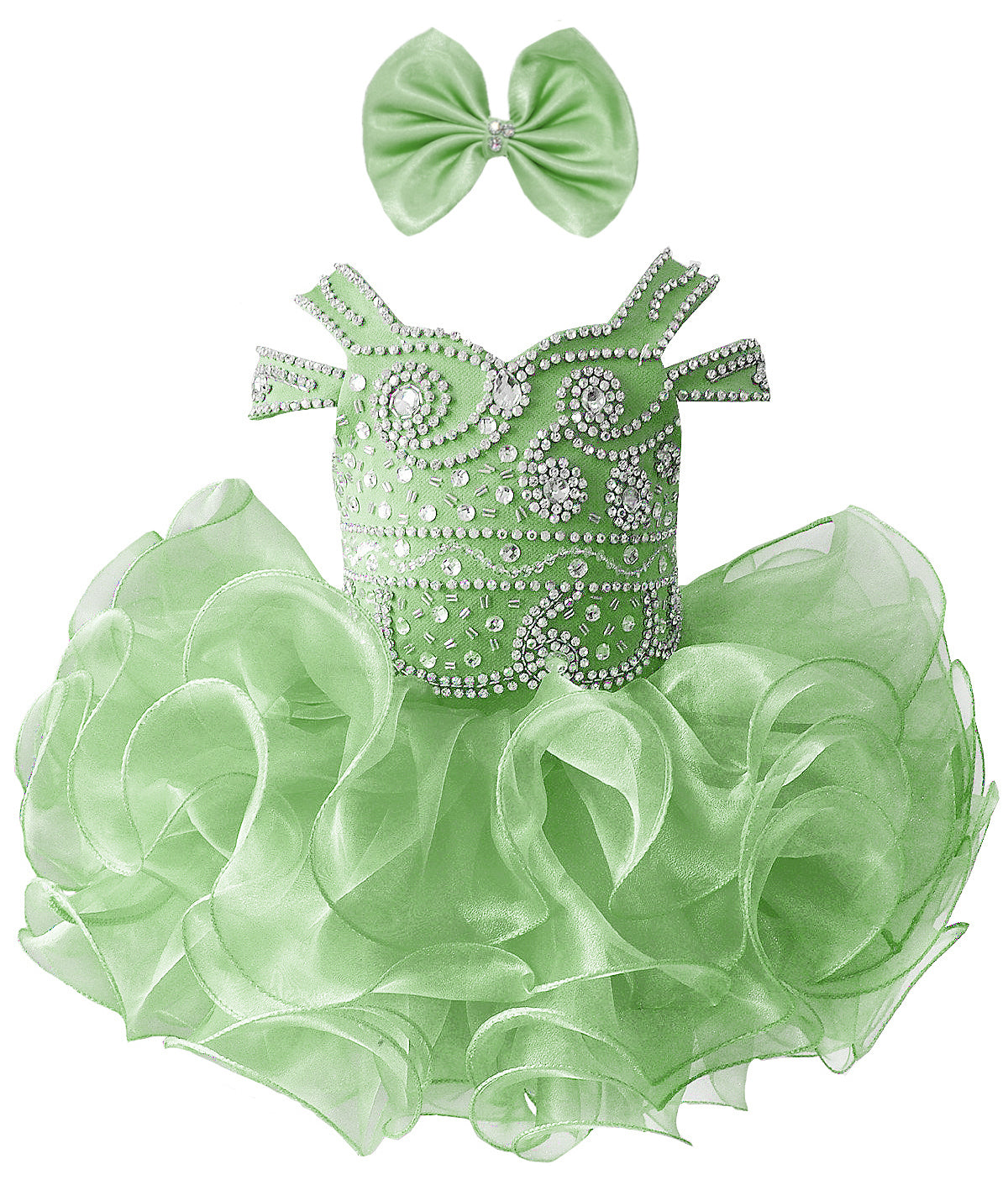Girwem girls Sage Green asymmetrical beaded organza cupcake dress ¨C front view