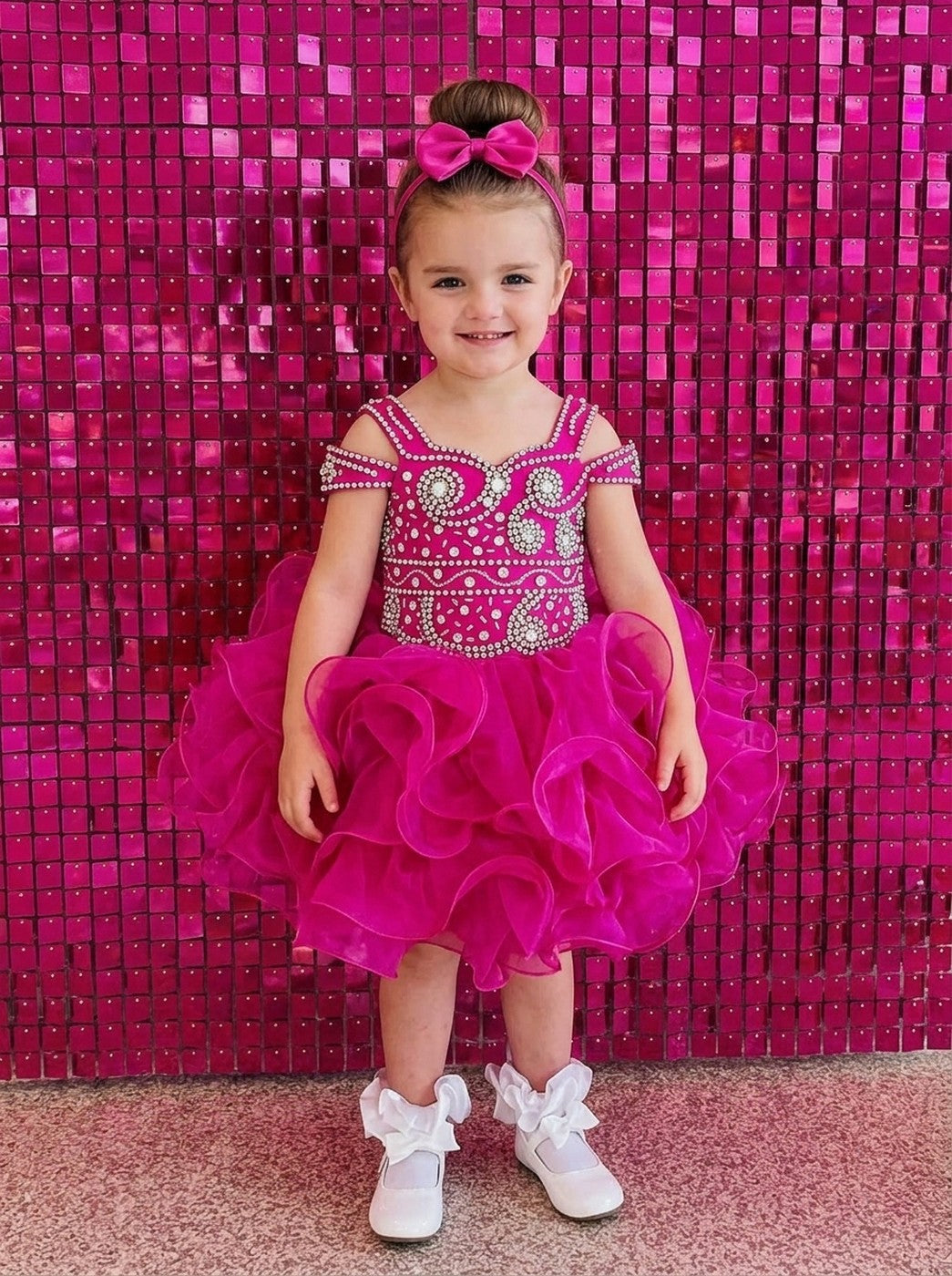 Girwem girls Fuchsia asymmetrical beaded organza cupcake dress ¨C lifestyle view 6