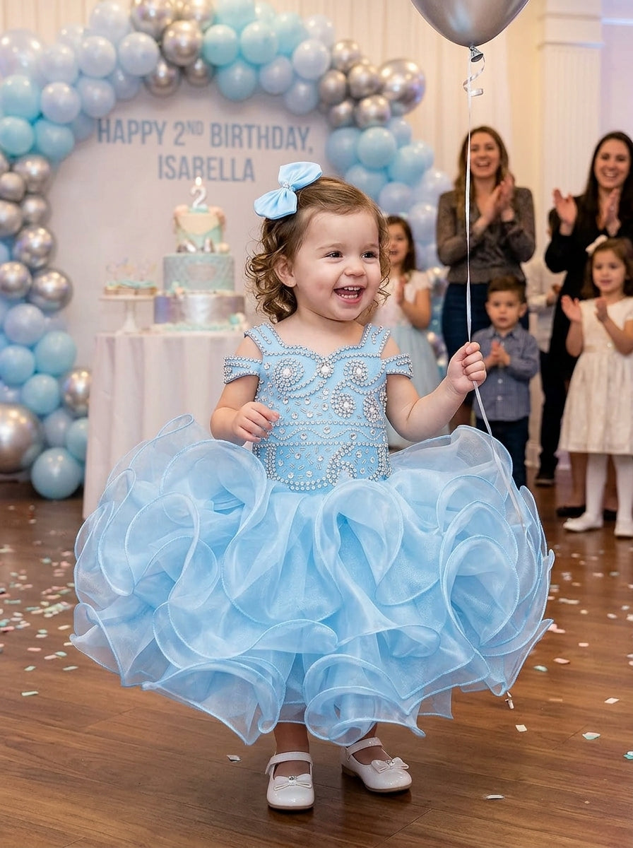 Girwem girls Baby Blue asymmetrical beaded organza cupcake dress ¨C lifestyle view 15