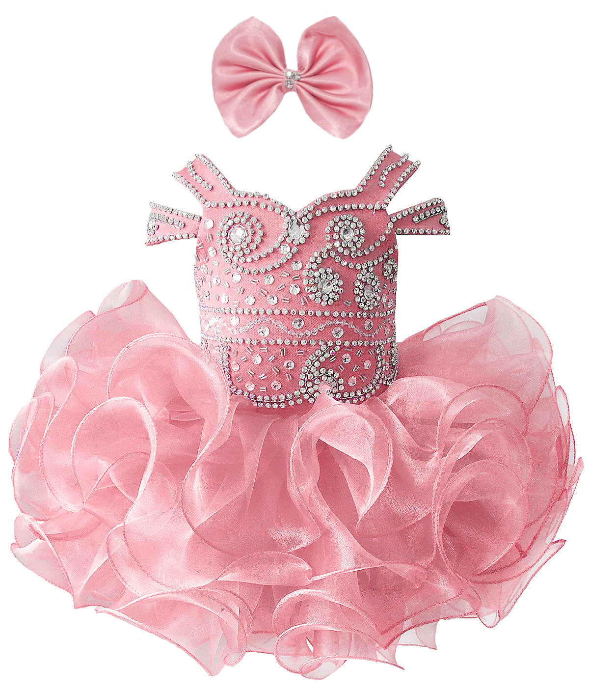 Girwem girls Peach asymmetrical beaded organza cupcake dress ¨C front view