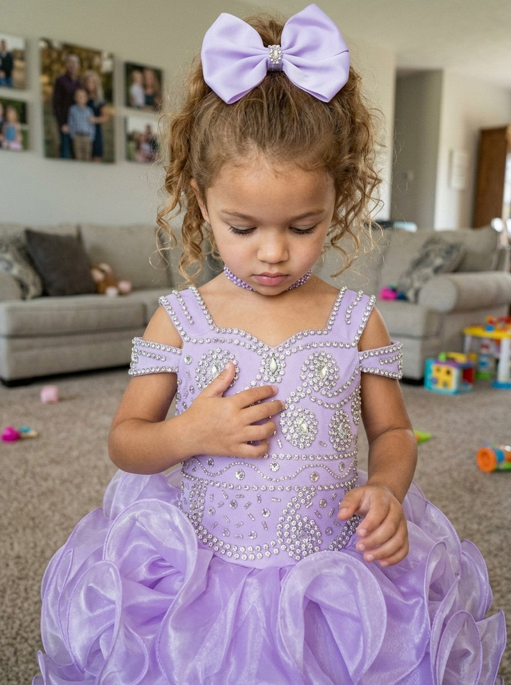 Girwem girls Lavender asymmetrical beaded organza cupcake dress ¨C lifestyle view 3