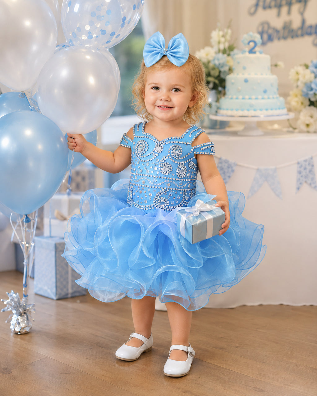 Girwem girls Baby Blue asymmetrical beaded organza cupcake dress ¨C lifestyle view 3