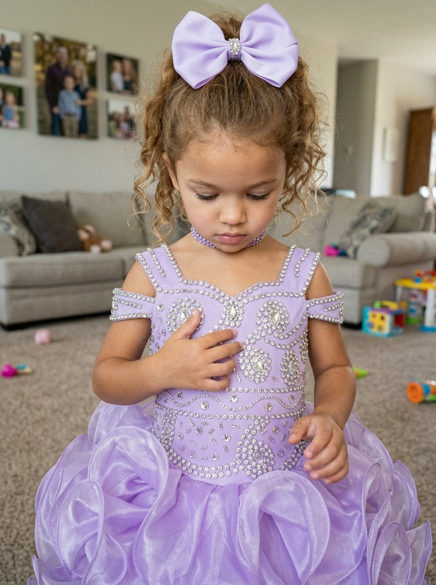 Girwem girls Lavender asymmetrical beaded organza cupcake dress ¨C lifestyle view 11