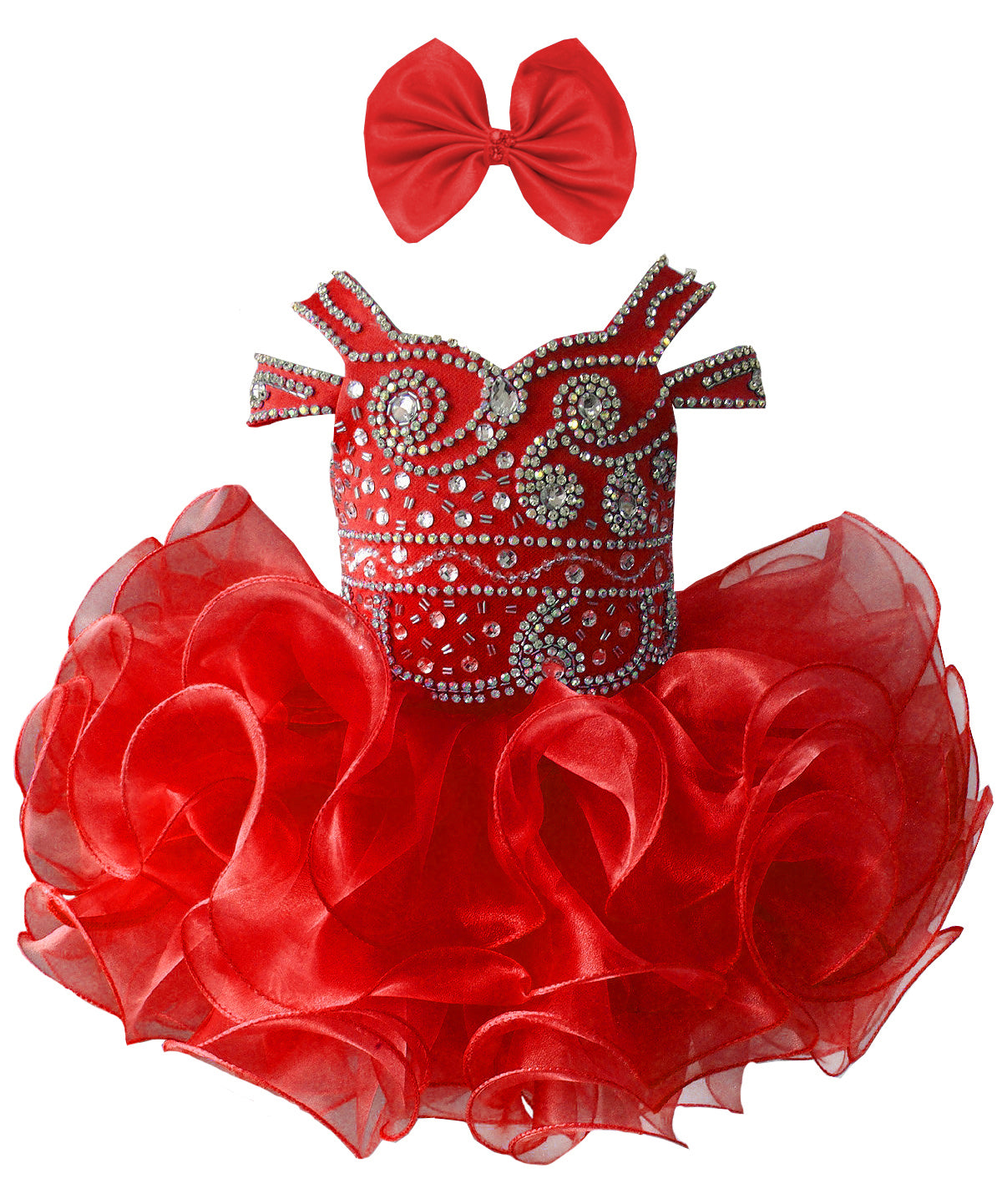 Girwem girls Red asymmetrical beaded organza cupcake dress ¨C front view