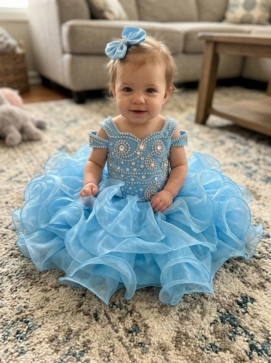 Girwem girls Baby Blue asymmetrical beaded organza cupcake dress ¨C lifestyle view 10
