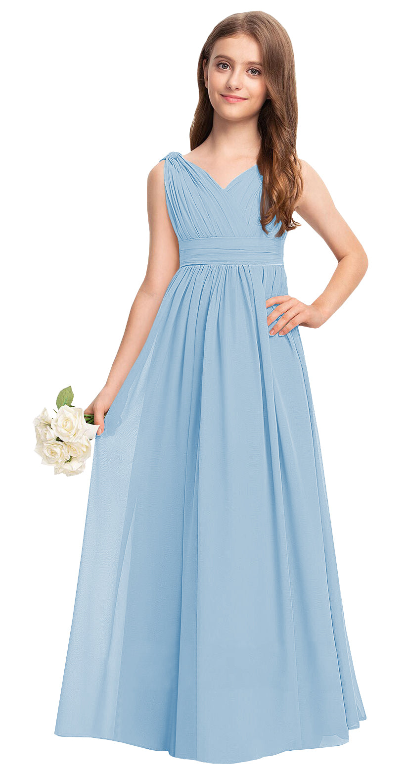 Baby Blue V-neck chiffon junior bridesmaid dress, floor-length wedding party gown