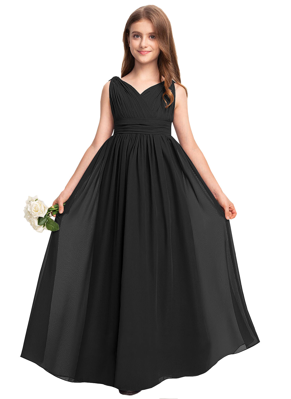 Black V-neck chiffon junior bridesmaid dress, floor-length wedding party gown