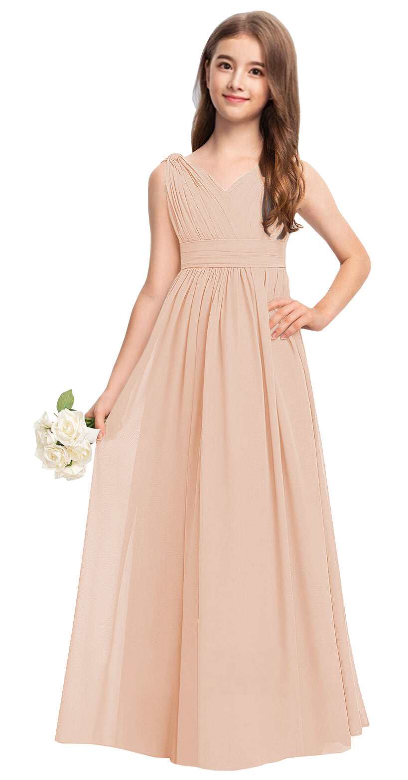 Blush Pink V-neck chiffon junior bridesmaid dress, floor-length wedding party gown
