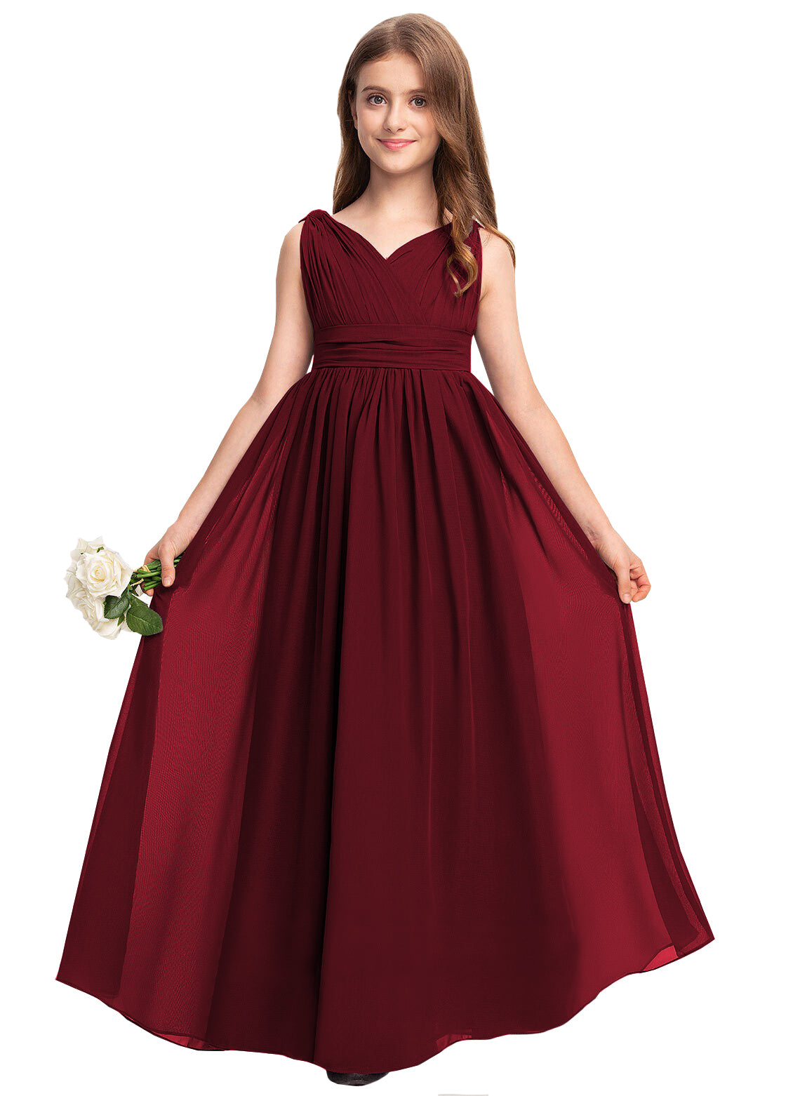 Burgundy V-neck chiffon junior bridesmaid dress, floor-length wedding party gown