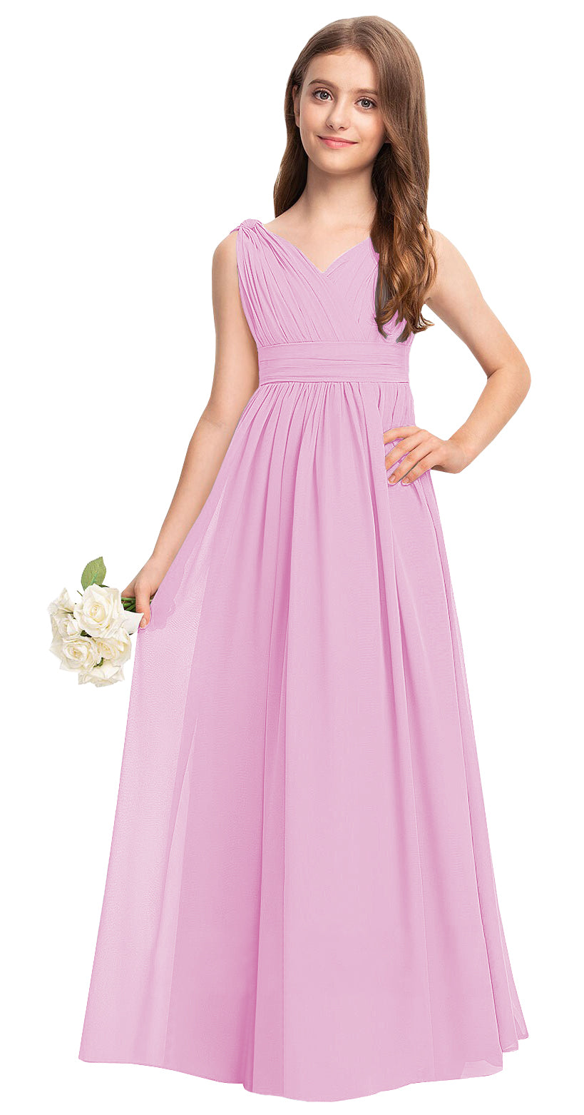 Candy Pink V-neck chiffon junior bridesmaid dress, floor-length wedding party gown