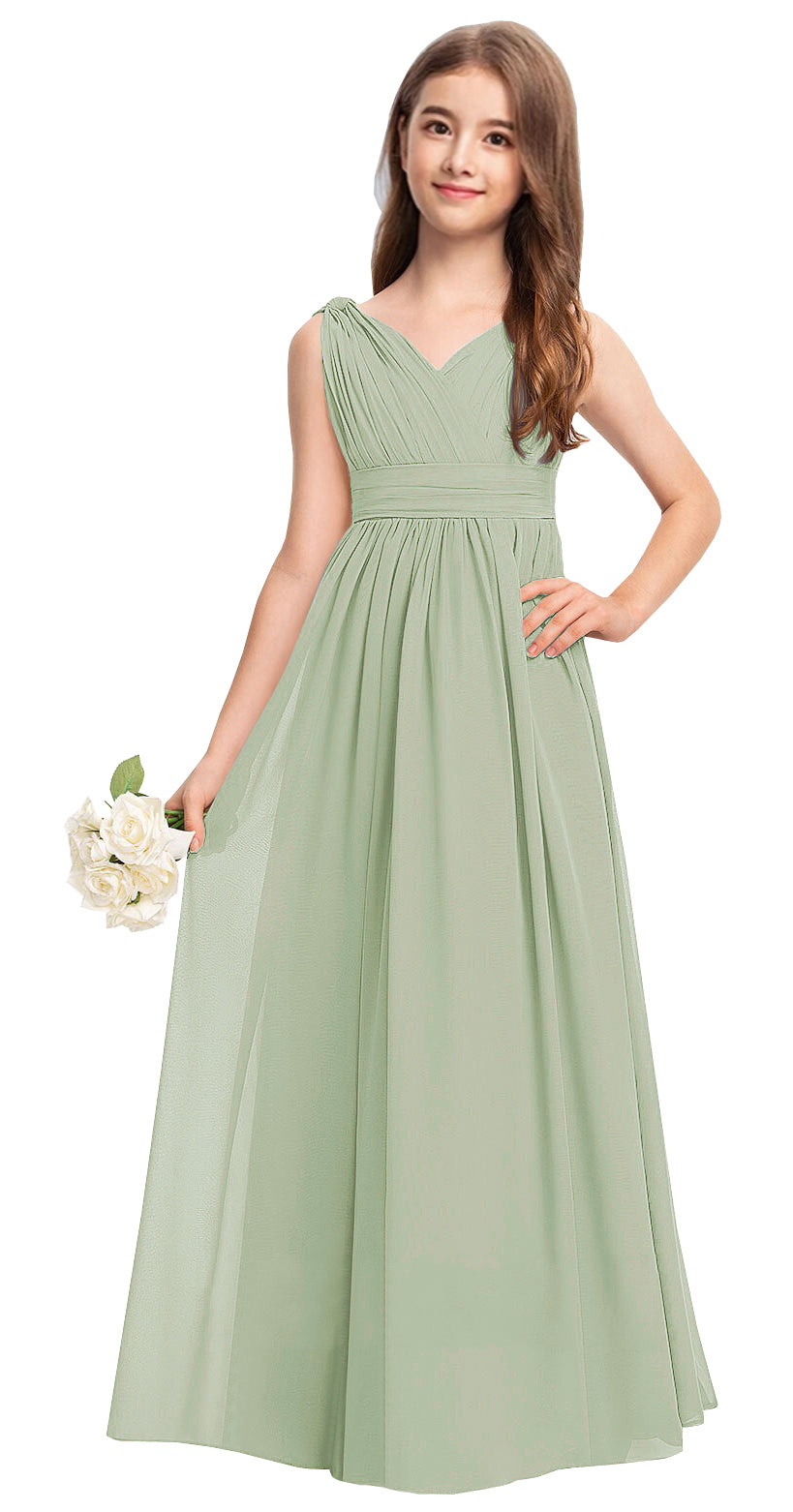 Celadon V-neck chiffon junior bridesmaid dress, floor-length wedding party gown