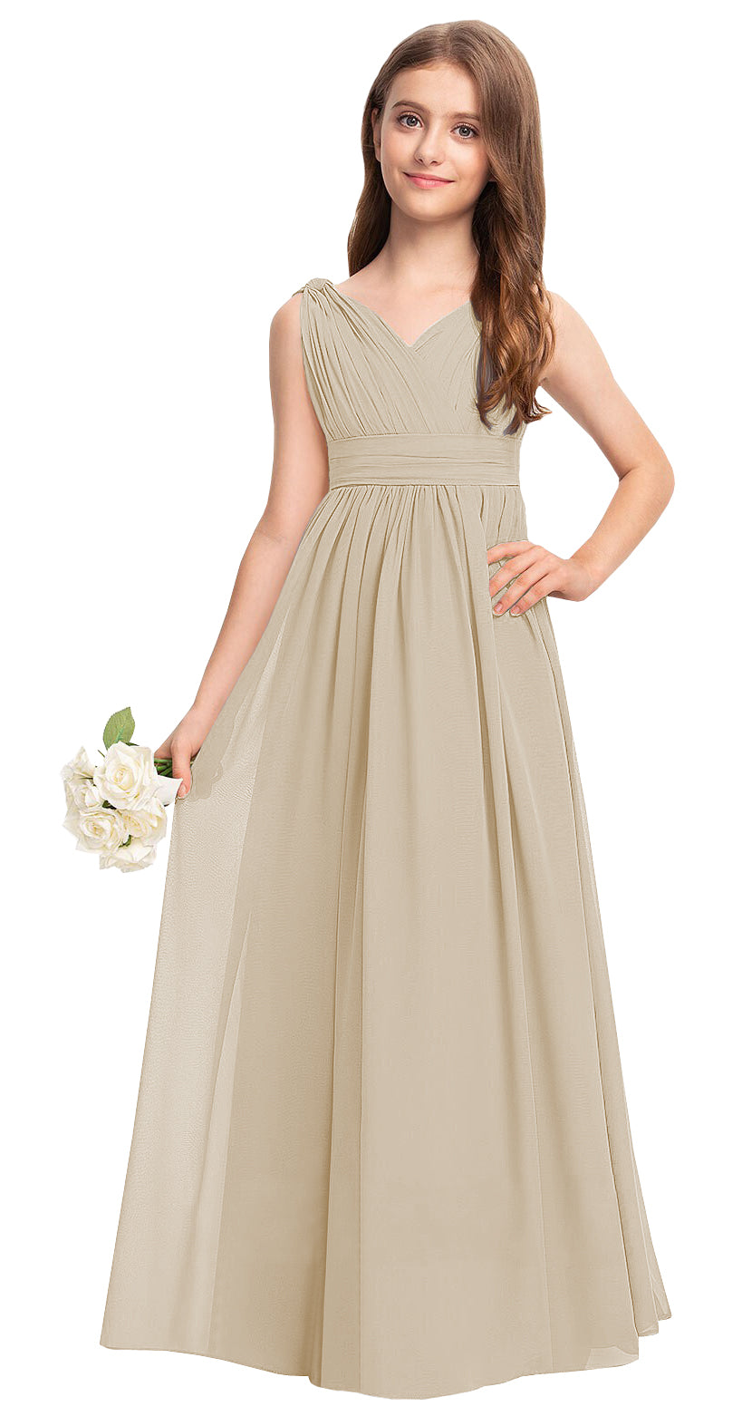 Champagne V-neck chiffon junior bridesmaid dress, floor-length wedding party gown