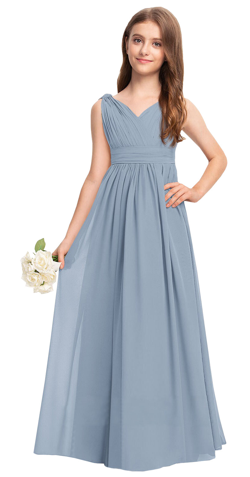 Dusty Blue V-neck chiffon junior bridesmaid dress, floor-length wedding party gown