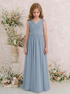 Dusty Blue V-neck chiffon junior bridesmaid dress, full-length model view