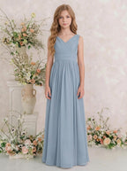 Dusty Blue V-neck chiffon junior bridesmaid dress, elegant wedding party look