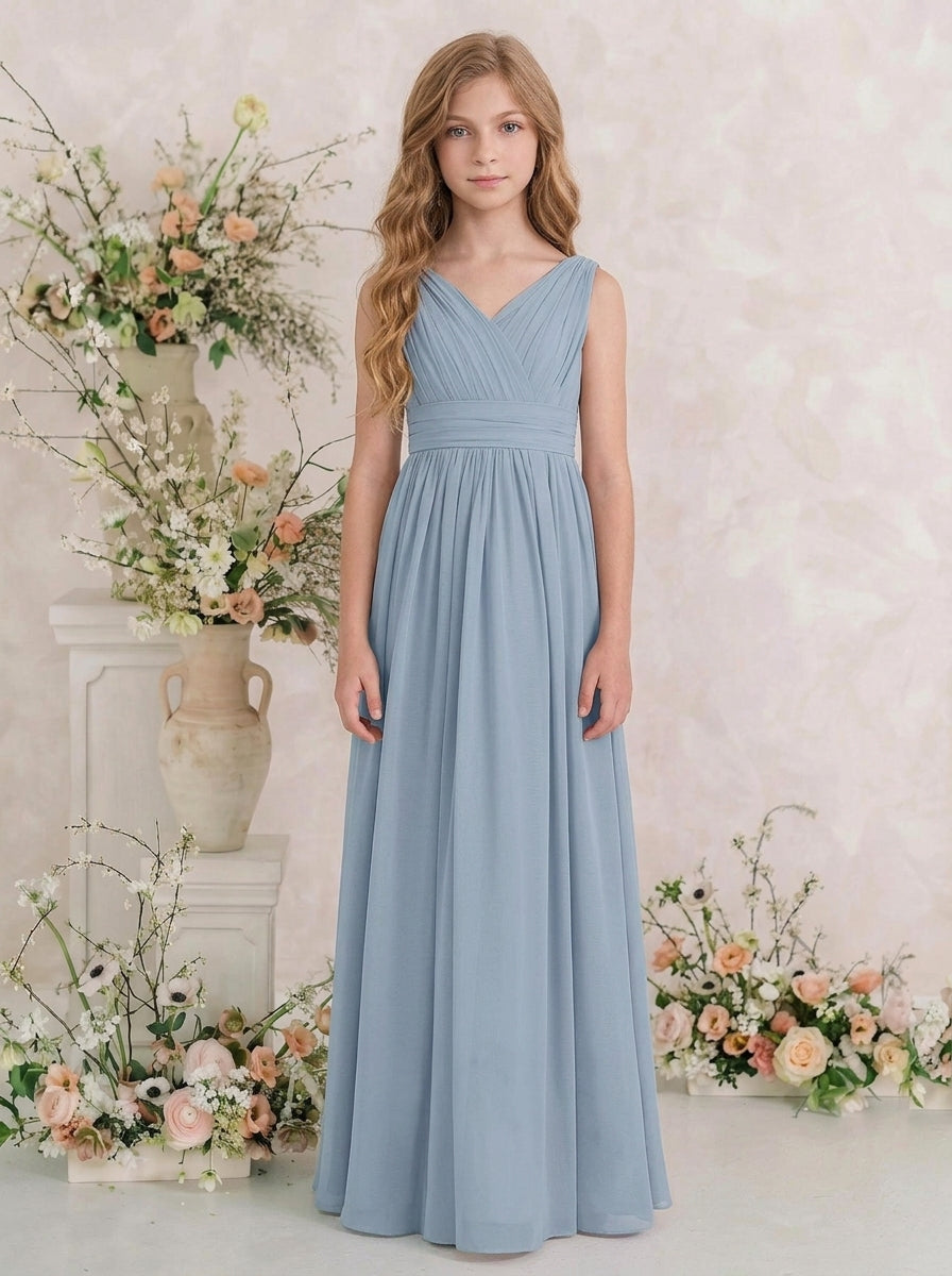 Dusty Blue V-neck chiffon junior bridesmaid dress, elegant wedding party look