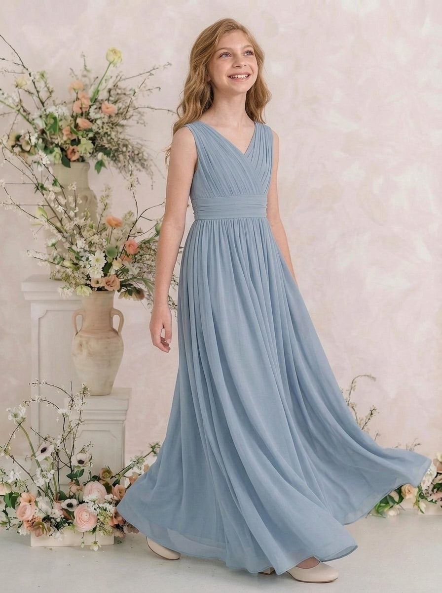 Dusty Blue V-neck chiffon junior bridesmaid dress, flowing floor-length gown view