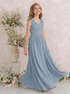 Dusty Blue V-neck chiffon junior bridesmaid dress, flowing floor-length gown view