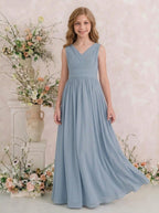 Dusty Blue V-neck chiffon junior bridesmaid dress, V-neck chiffon gown view