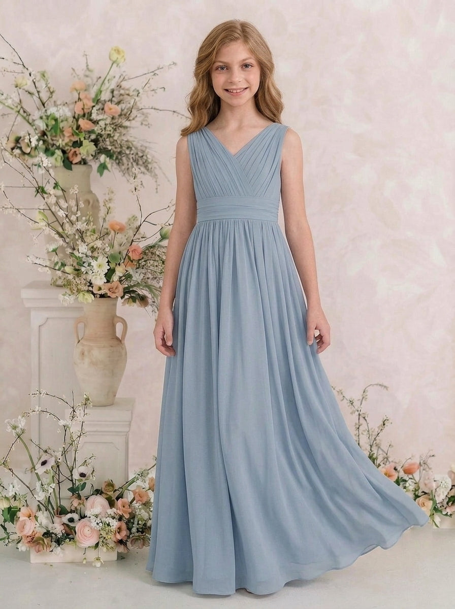 Dusty Blue V-neck chiffon junior bridesmaid dress, V-neck chiffon gown view