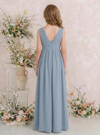 Dusty Blue V-neck chiffon junior bridesmaid dress, formal flower girl and junior bridesmaid look
