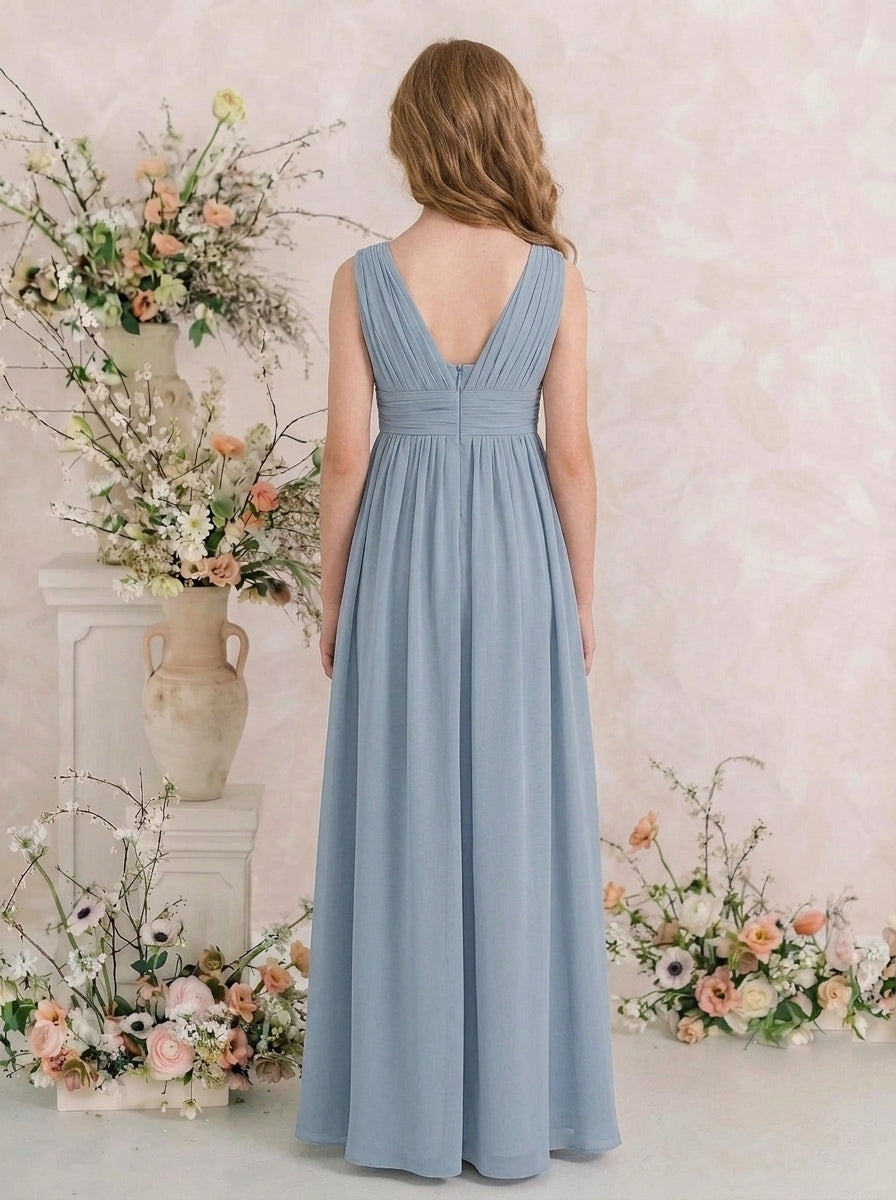 Dusty Blue V-neck chiffon junior bridesmaid dress, formal flower girl and junior bridesmaid look