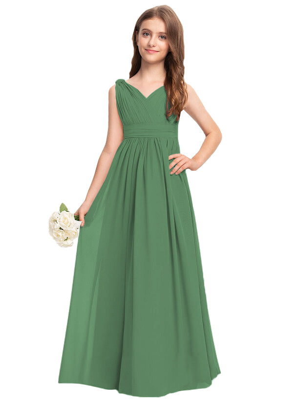 Dusty Green V-neck chiffon junior bridesmaid dress, floor-length wedding party gown