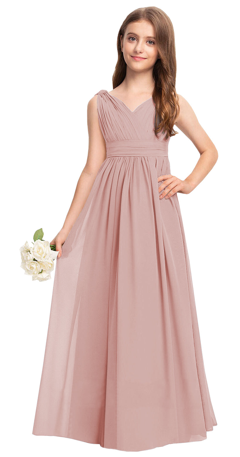 Dusty Pink V-neck chiffon junior bridesmaid dress, floor-length wedding party gown
