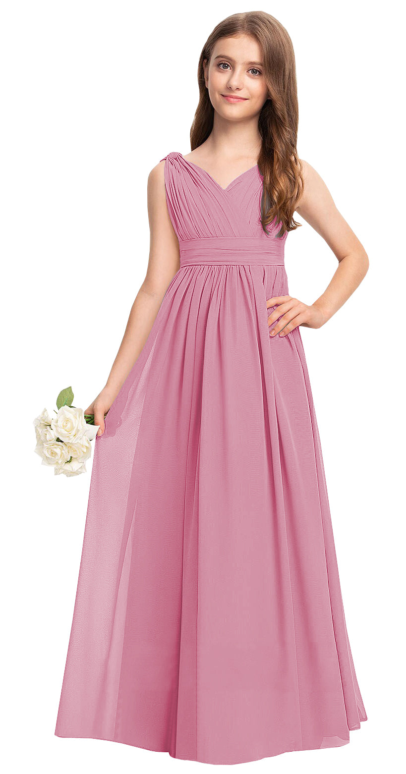 Dusty Rose V-neck chiffon junior bridesmaid dress, floor-length wedding party gown