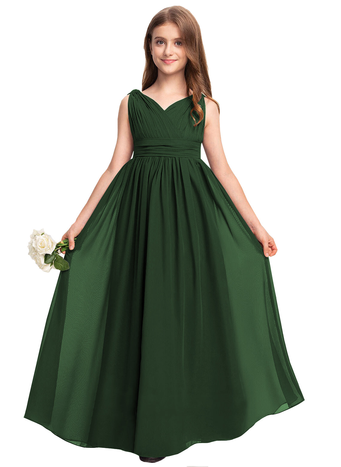 Emerald Green V-neck chiffon junior bridesmaid dress, floor-length wedding party gown