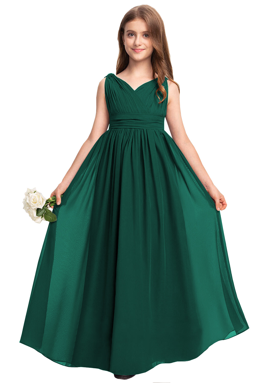 Green V-neck chiffon junior bridesmaid dress, floor-length wedding party gown
