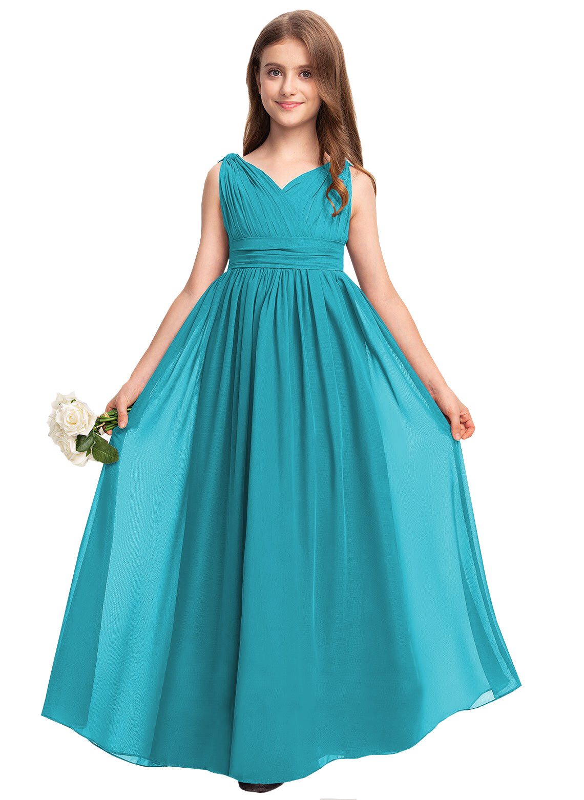 Jade V-neck chiffon junior bridesmaid dress, floor-length wedding party gown