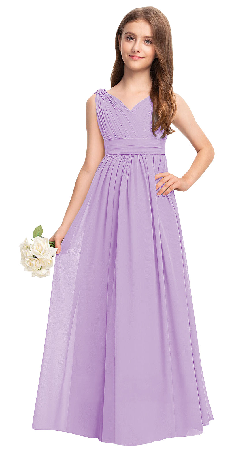 Lavender V-neck chiffon junior bridesmaid dress, floor-length wedding party gown
