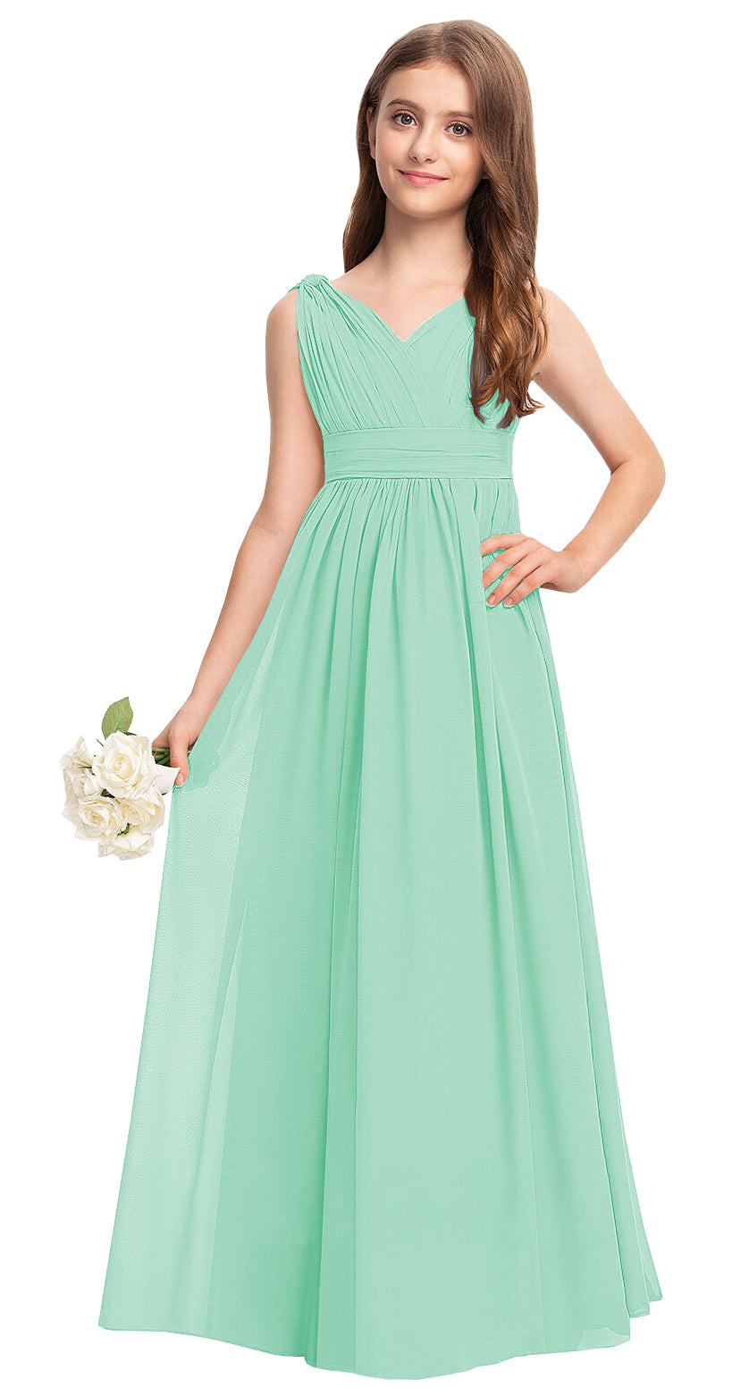 Mint Green V-neck chiffon junior bridesmaid dress, floor-length wedding party gown