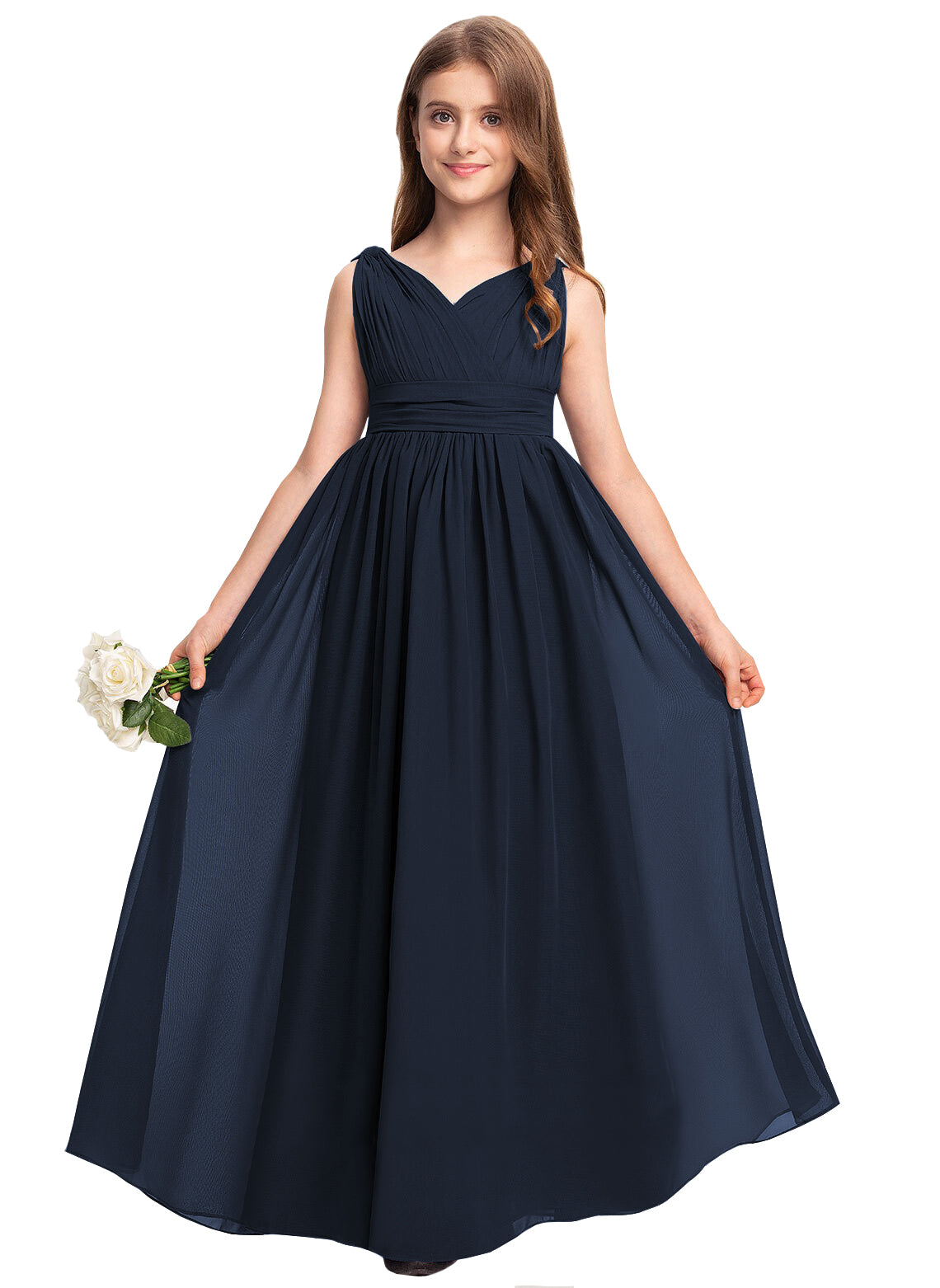 Navy V-neck chiffon junior bridesmaid dress, floor-length wedding party gown
