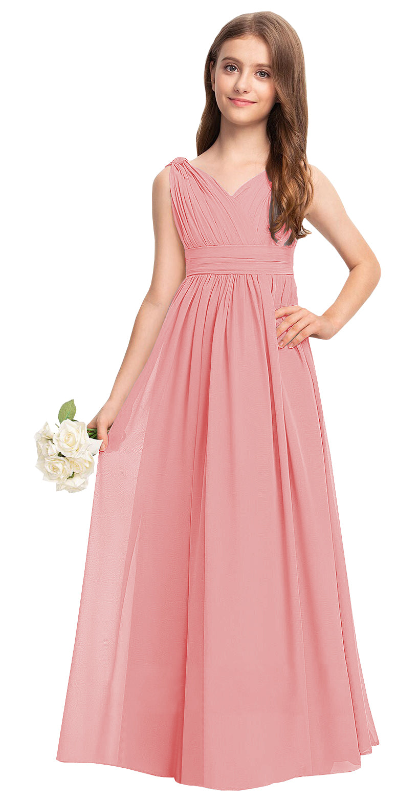Peach V-neck chiffon junior bridesmaid dress, floor-length wedding party gown