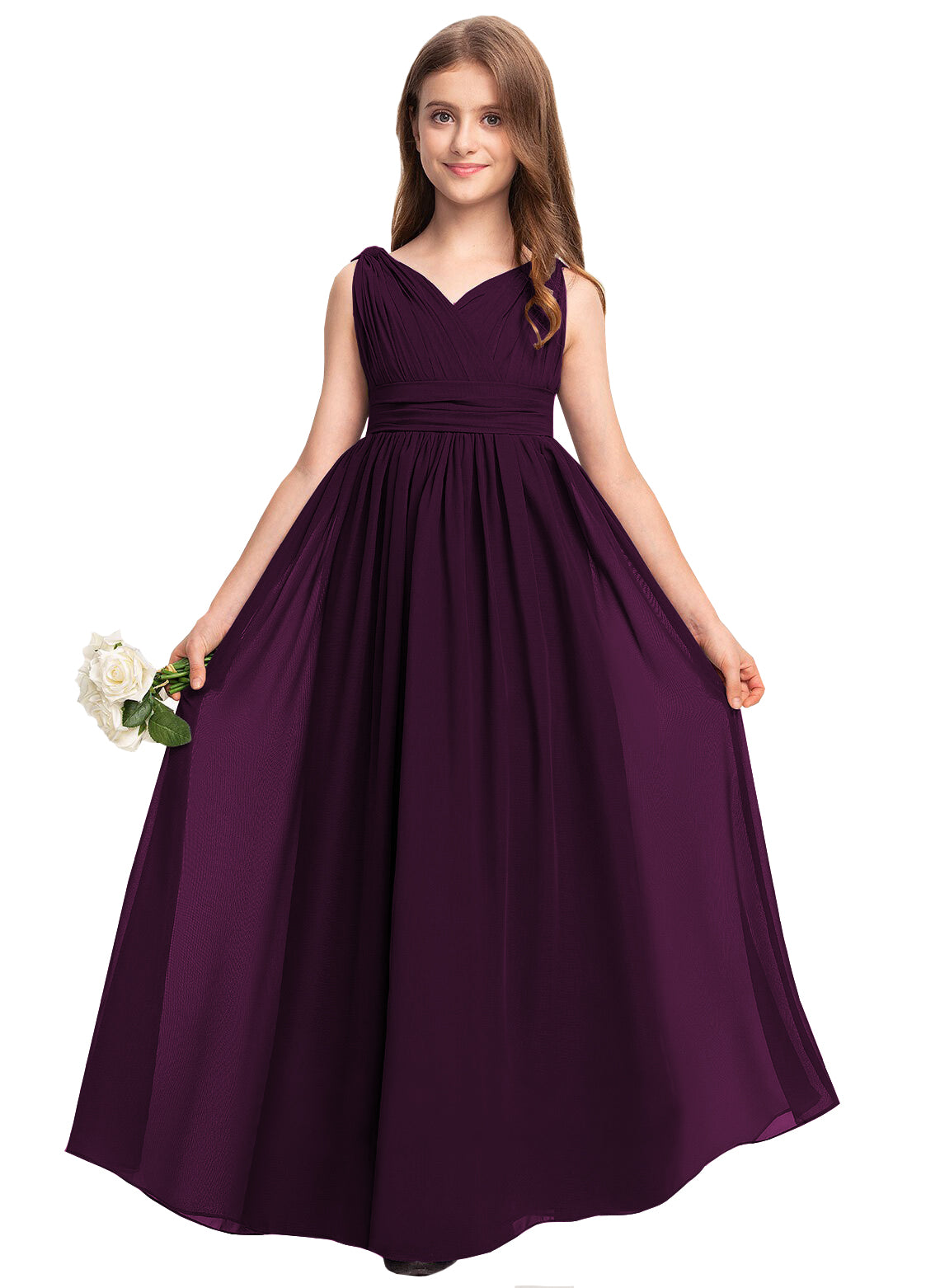 Plum V-neck chiffon junior bridesmaid dress, floor-length wedding party gown