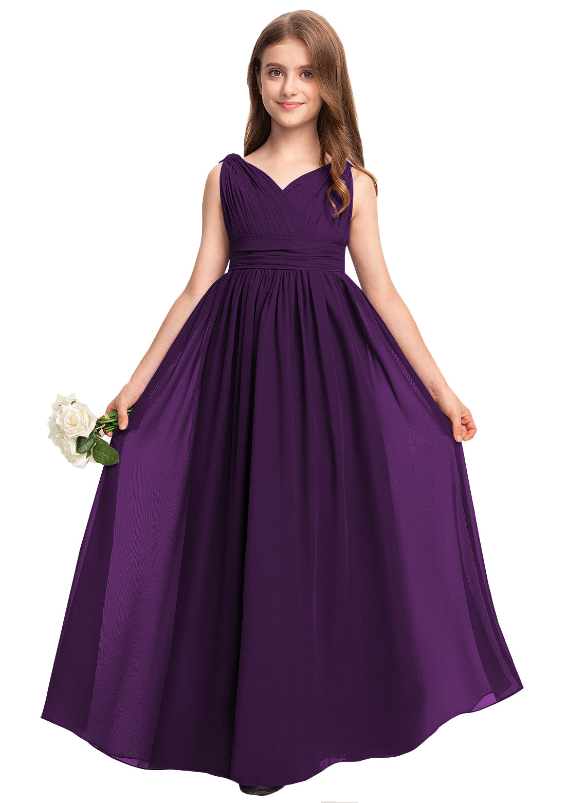 Purple V-neck chiffon junior bridesmaid dress, floor-length wedding party gown