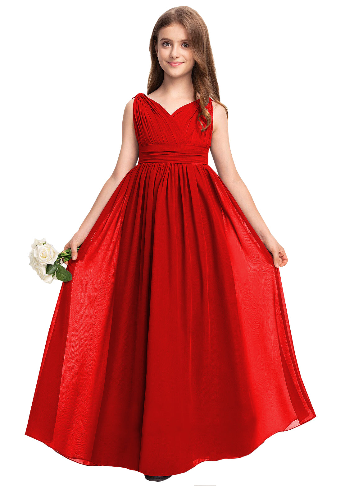 Red V-neck chiffon junior bridesmaid dress, floor-length wedding party gown
