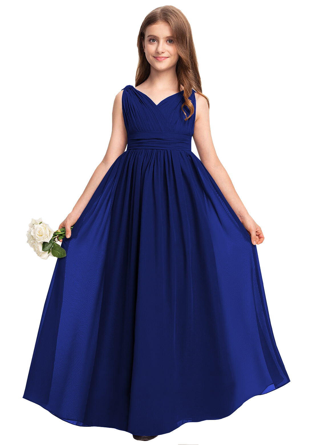 Royal Blue V-neck chiffon junior bridesmaid dress, floor-length wedding party gown
