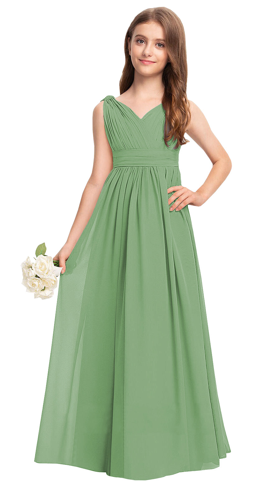 Sage V-neck chiffon junior bridesmaid dress, floor-length wedding party gown