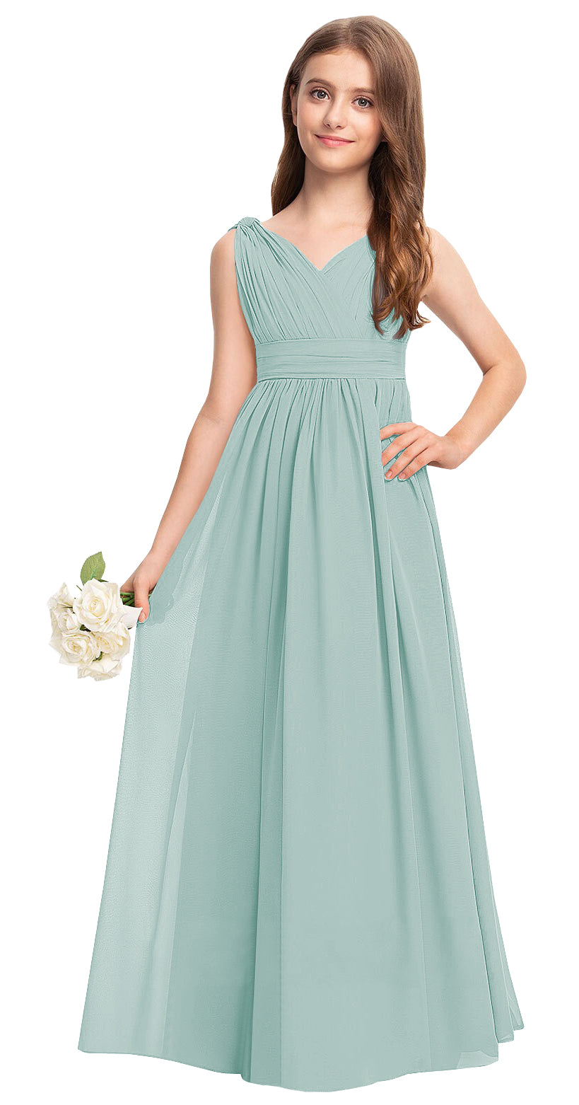 Sage Green V-neck chiffon junior bridesmaid dress, floor-length wedding party gown