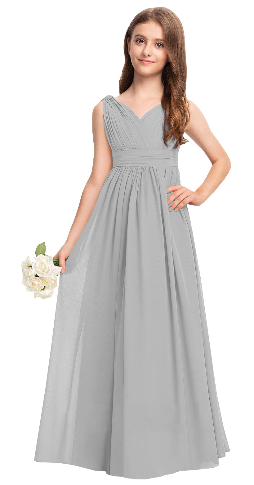 Silver V-neck chiffon junior bridesmaid dress, floor-length wedding party gown