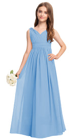 Sky Blue V-neck chiffon junior bridesmaid dress, floor-length wedding party gown
